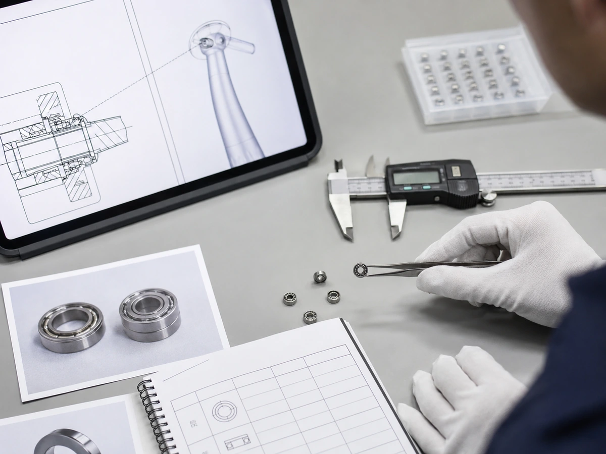 Engineer inspecting a dental handpiece bearing during technical review